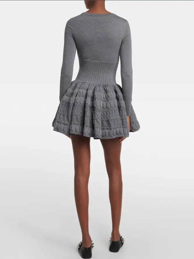 Knit Paneled Long-Sleeve Mini Skater Dress - Dresses