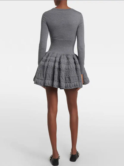 Knit Paneled Long-Sleeve Mini Skater Dress - Dresses