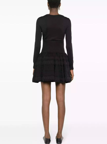 Knit Paneled Long-Sleeve Mini Skater Dress - Dresses