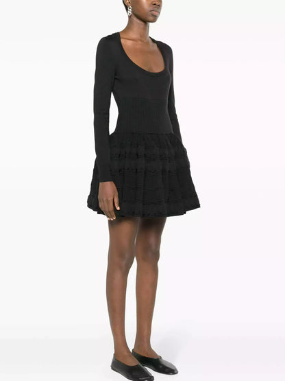 Knit Paneled Long-Sleeve Mini Skater Dress - Dresses