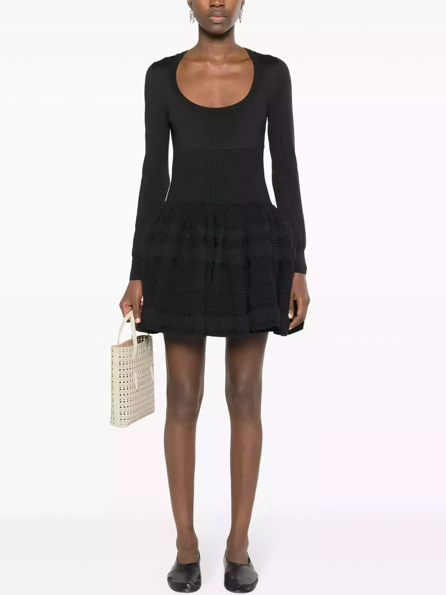 Knit Paneled Long-Sleeve Mini Skater Dress - Dresses