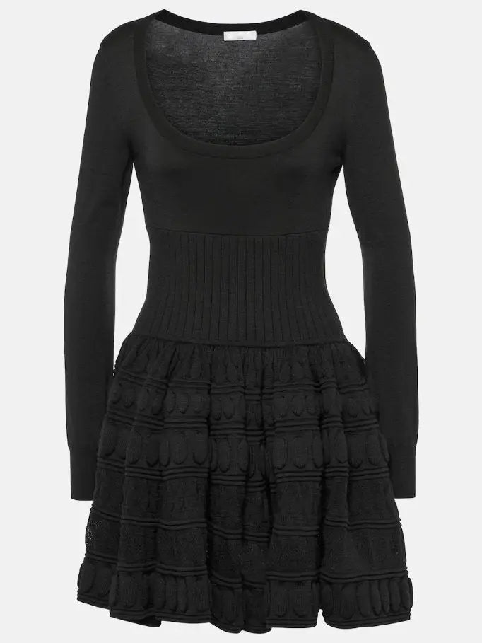 Knit Paneled Long-Sleeve Mini Skater Dress - Small / Black - Dresses