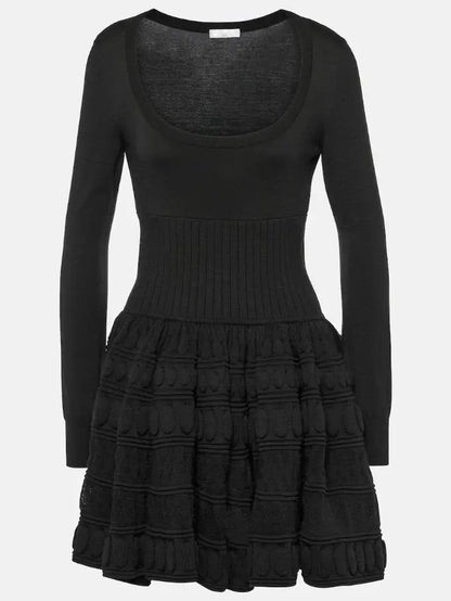 Knit Paneled Long-Sleeve Mini Skater Dress - Small / Black - Dresses