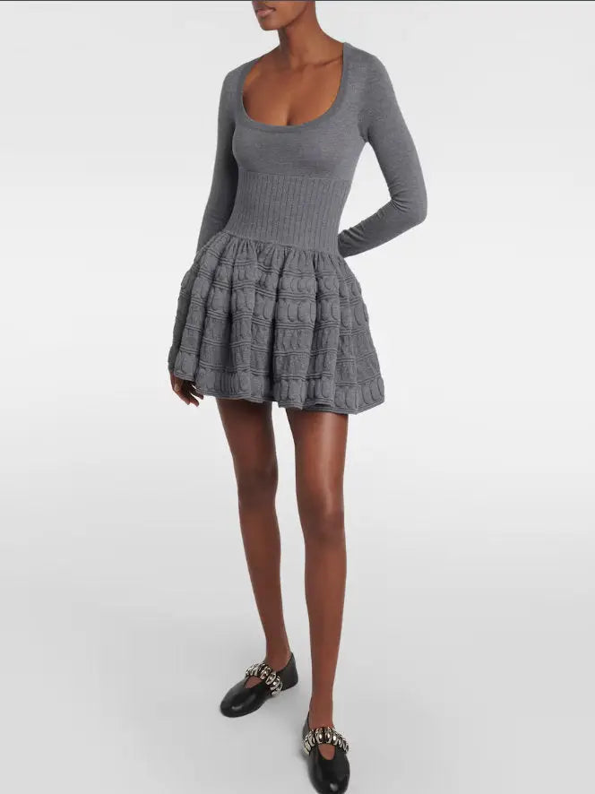 Knit Paneled Long-Sleeve Mini Skater Dress - Dresses