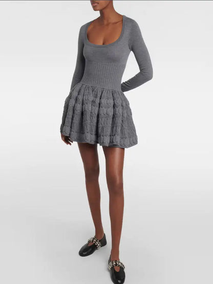 Knit Paneled Long-Sleeve Mini Skater Dress - Dresses