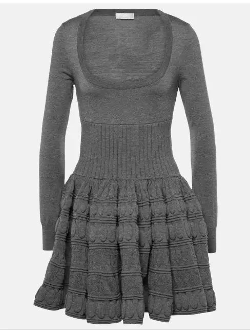 Knit Paneled Long-Sleeve Mini Skater Dress - Dresses