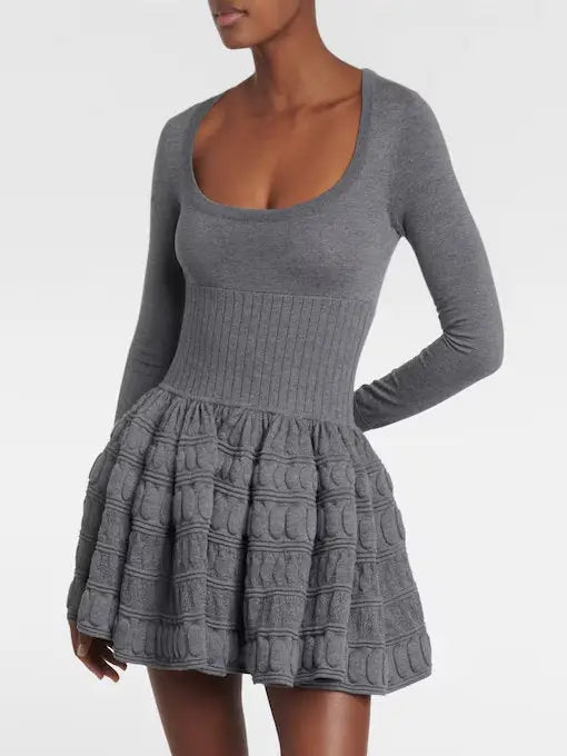 Knit Paneled Long-Sleeve Mini Skater Dress - Small / Grey - Dresses
