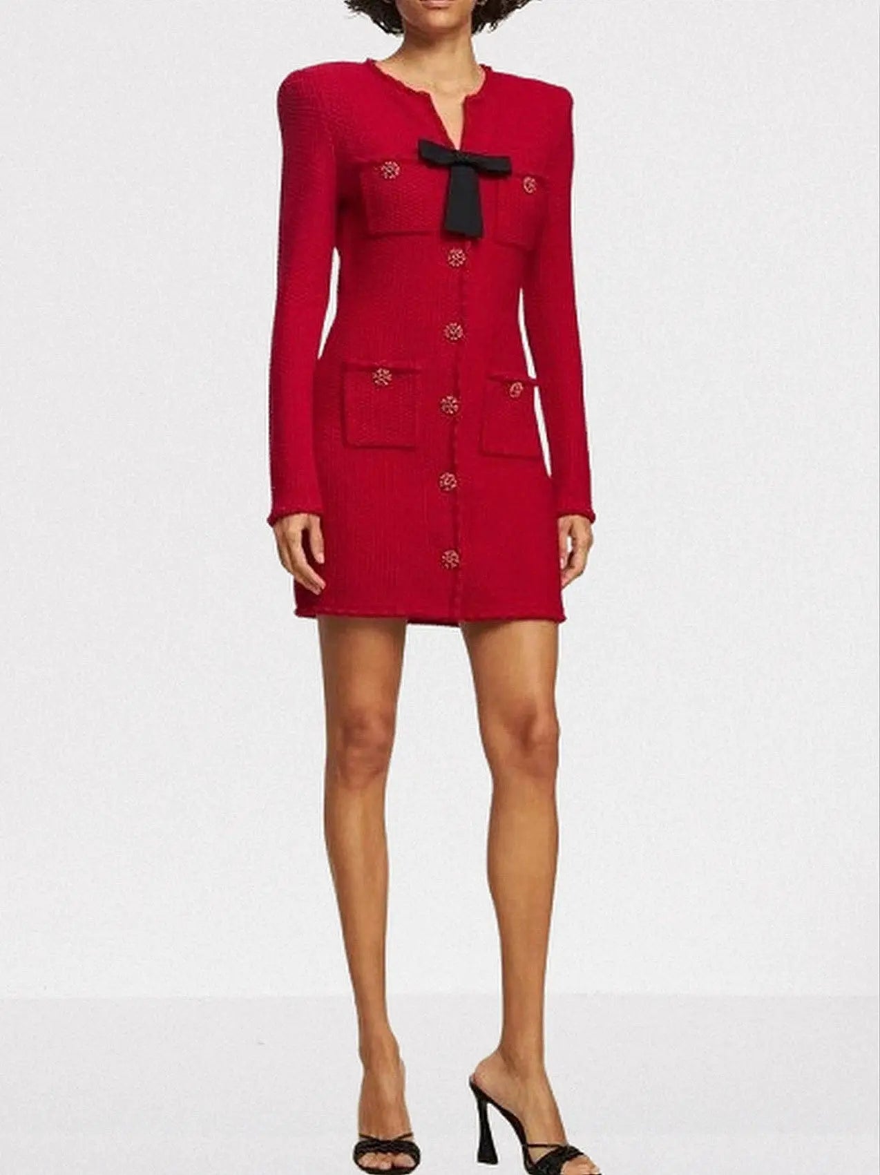 Knit Red Mini Dress with Bow - Dresses