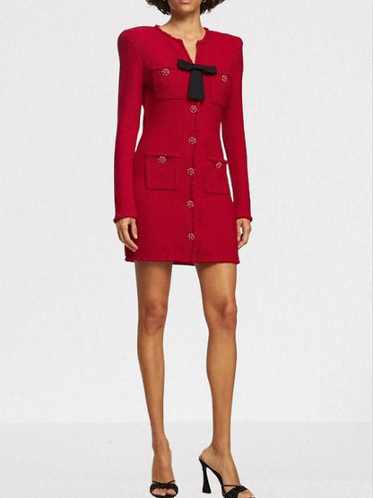 Knit Red Mini Dress with Bow - Dresses