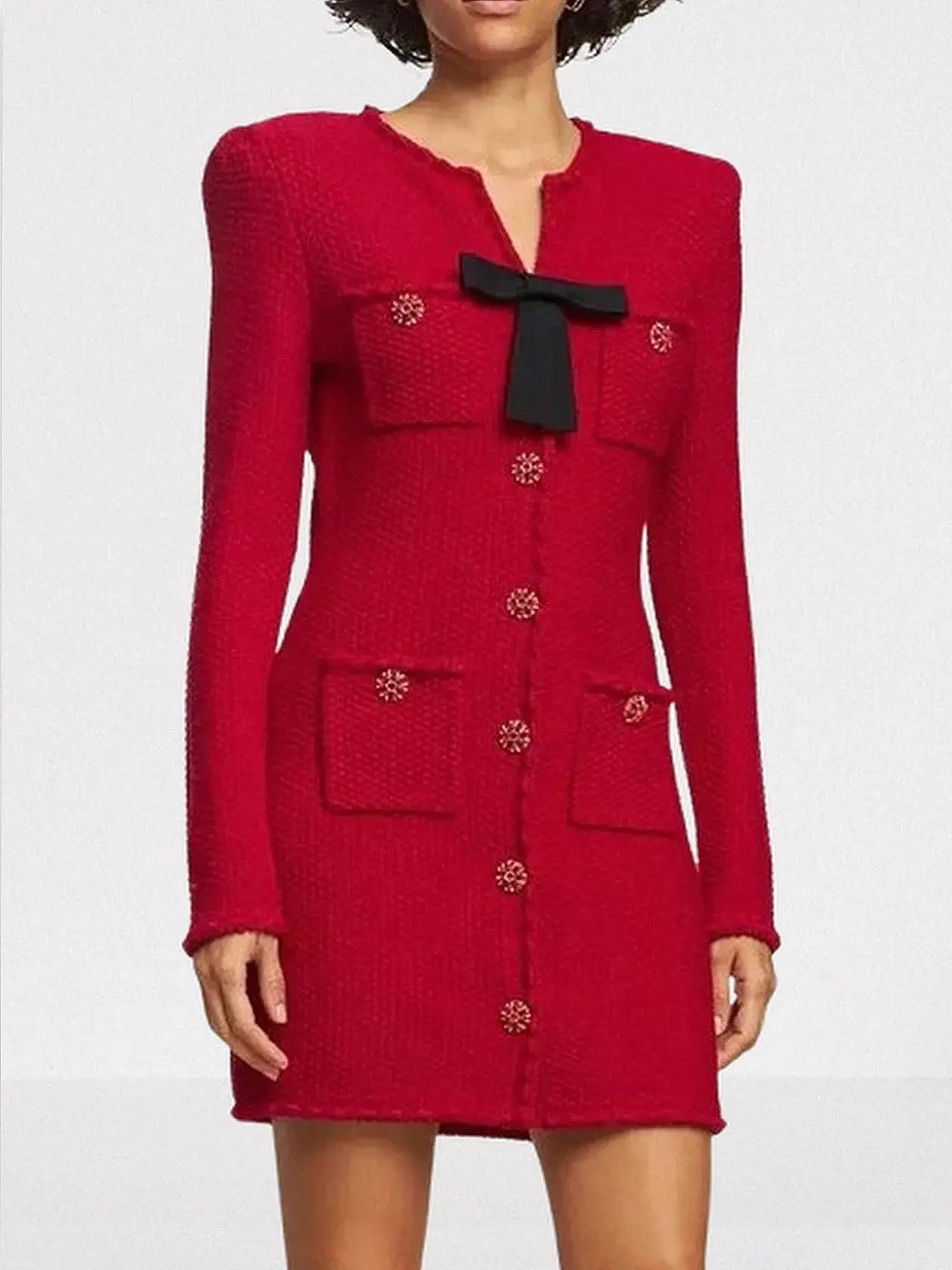Knit Red Mini Dress with Bow - Dresses