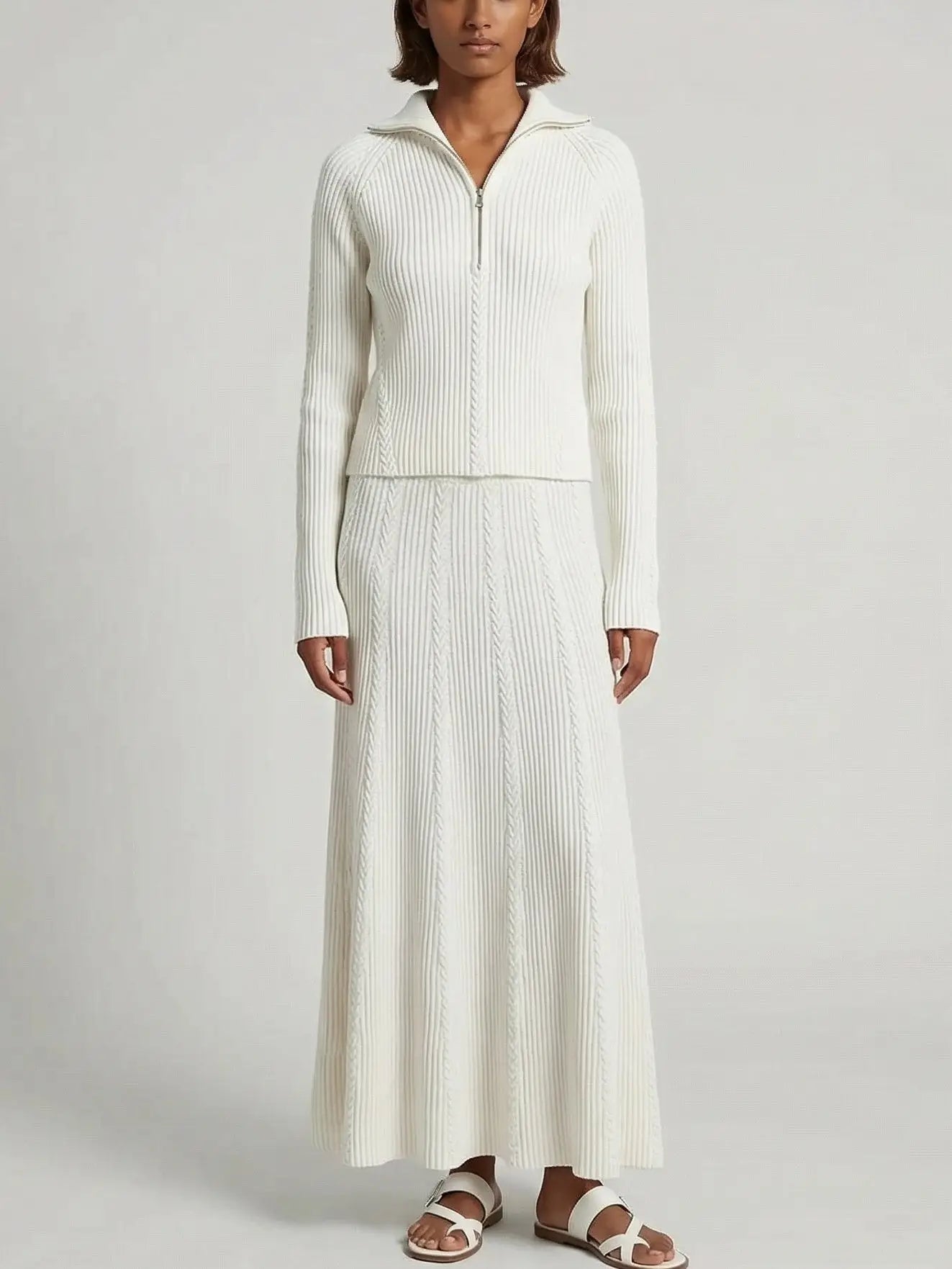 Knit Sweater and Maxi Skirt Set in White - Suits & Sets