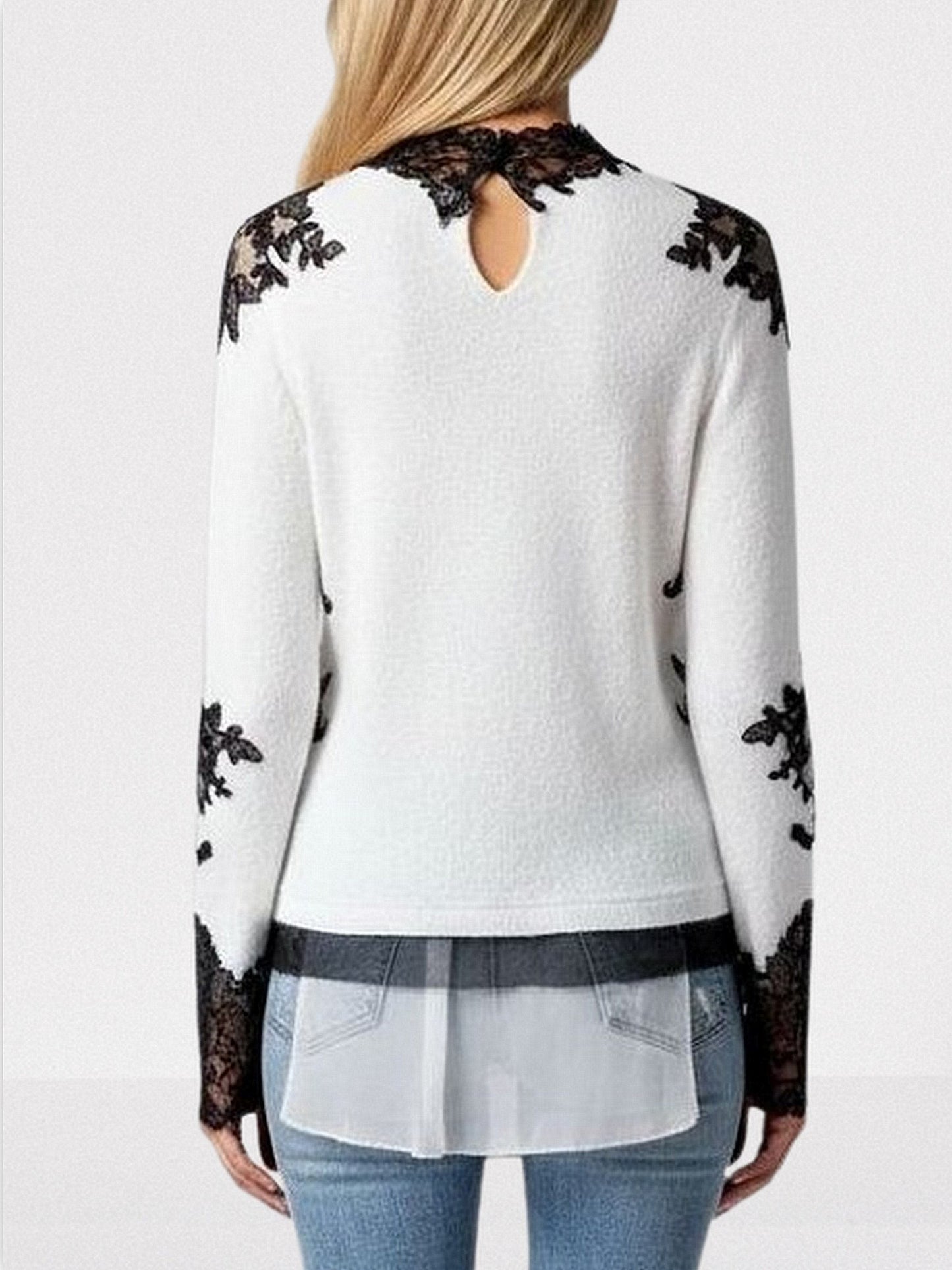 Knit Sweater in White with Black Lace Appliqués