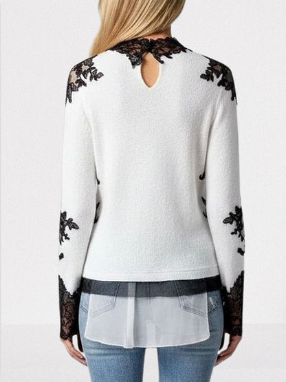 Knit Sweater in White with Black Lace Appliqués