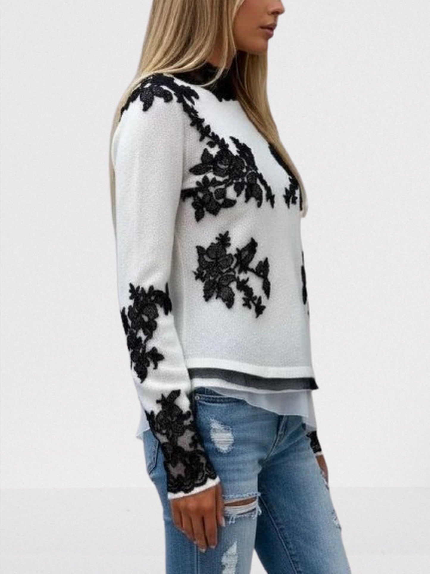 Knit Sweater in White with Black Lace Appliqués