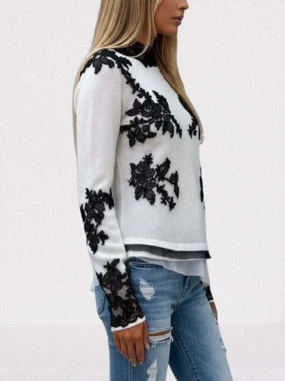 Knit Sweater in White with Black Lace Appliqués