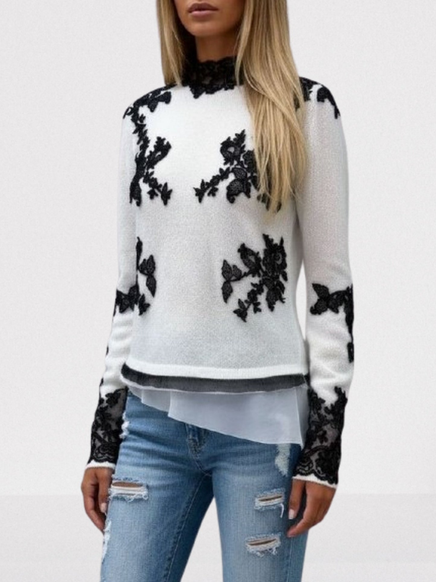 Knit Sweater in White with Black Lace Appliqués