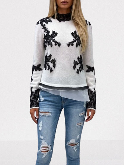 Knit Sweater in White with Black Lace Appliqués