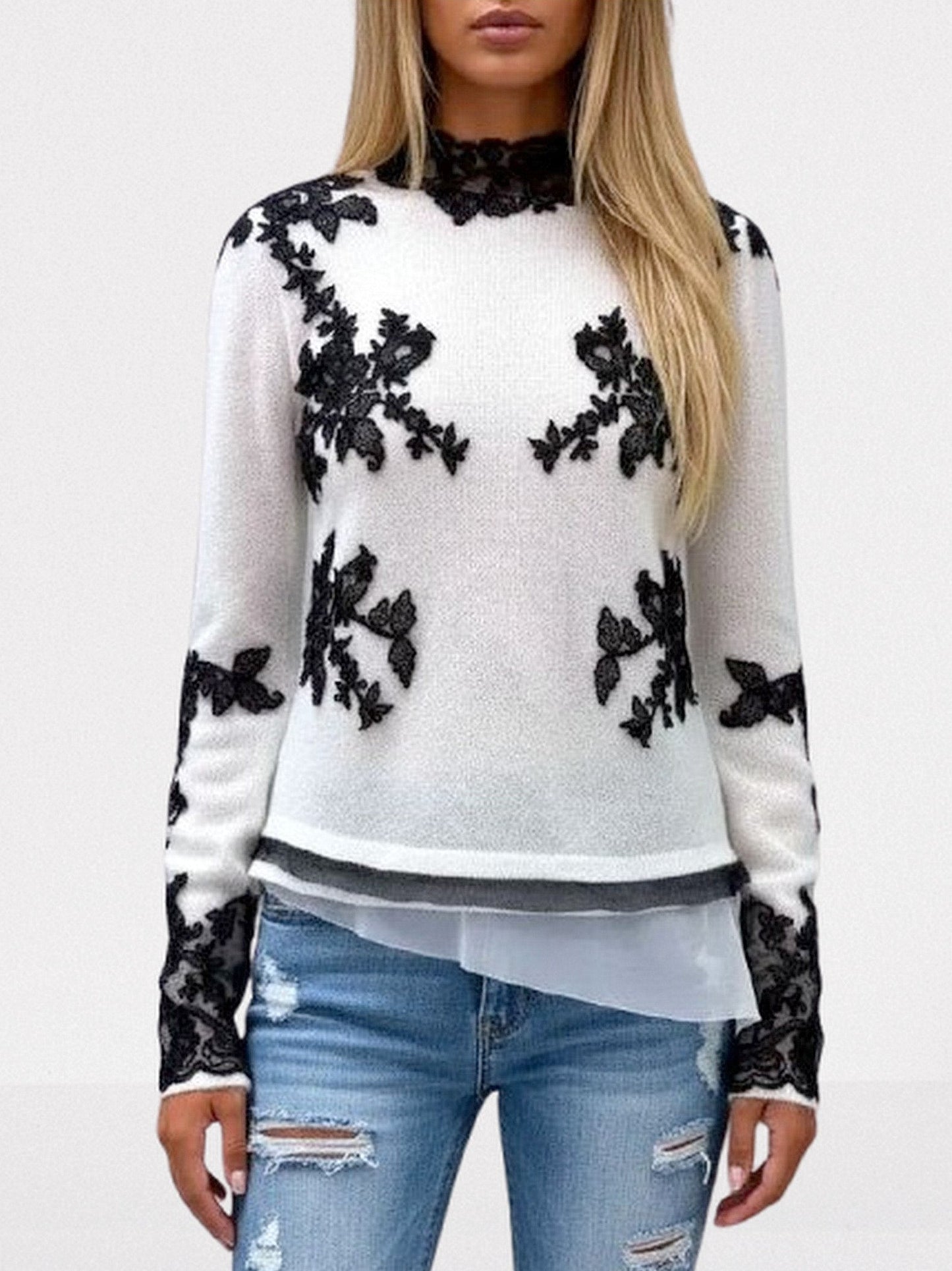 Knit Sweater in White with Black Lace Appliqués