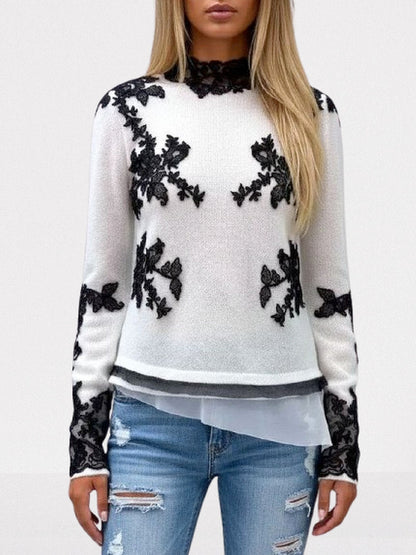 Knit Sweater in White with Black Lace Appliqués