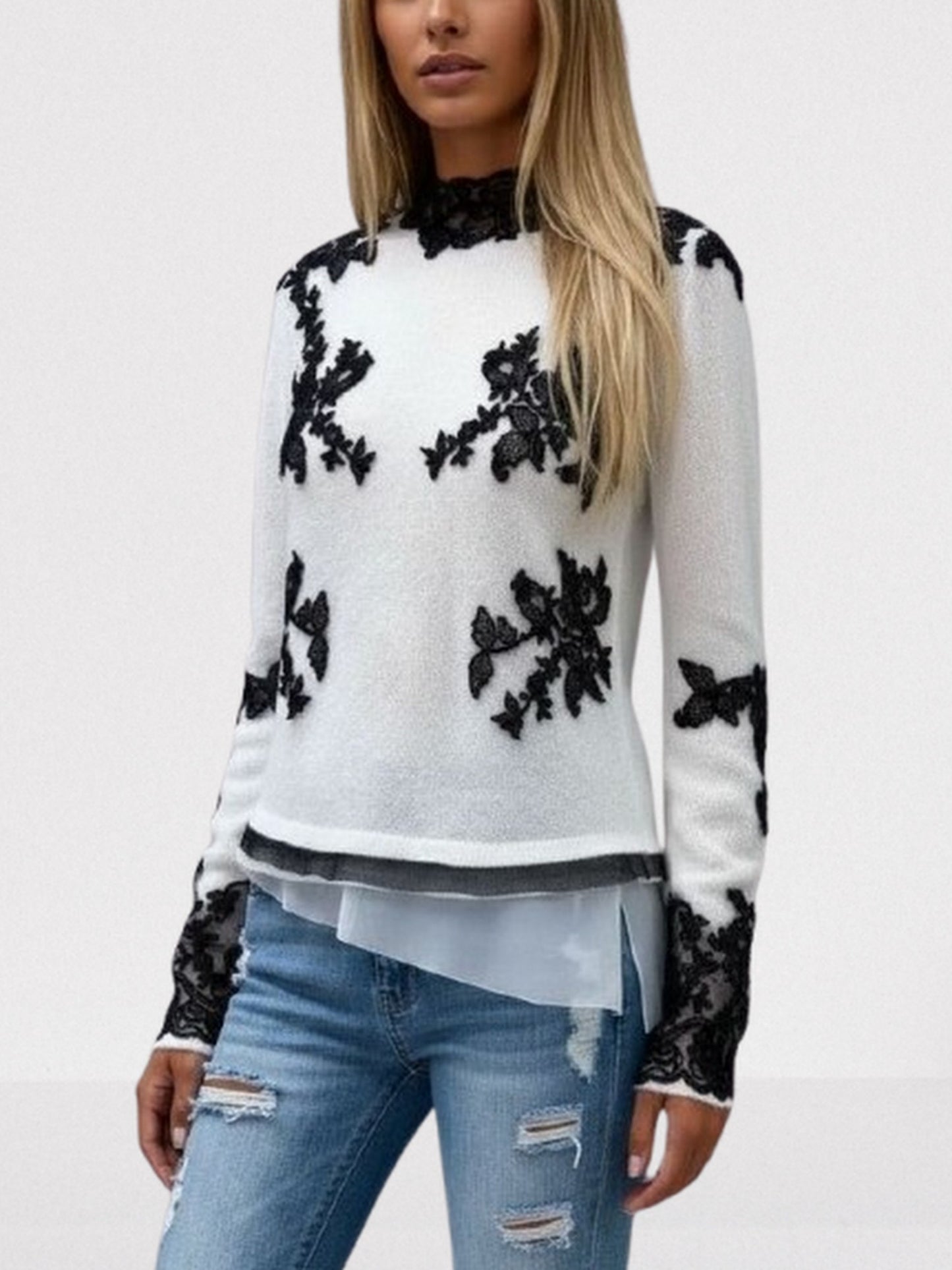 Knit Sweater in White with Black Lace Appliqués
