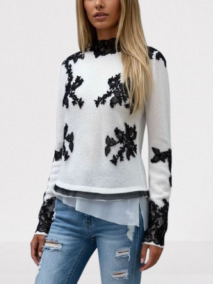 Knit Sweater in White with Black Lace Appliqués