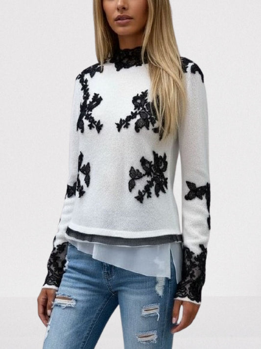 Knit Sweater in White with Black Lace Appliqués