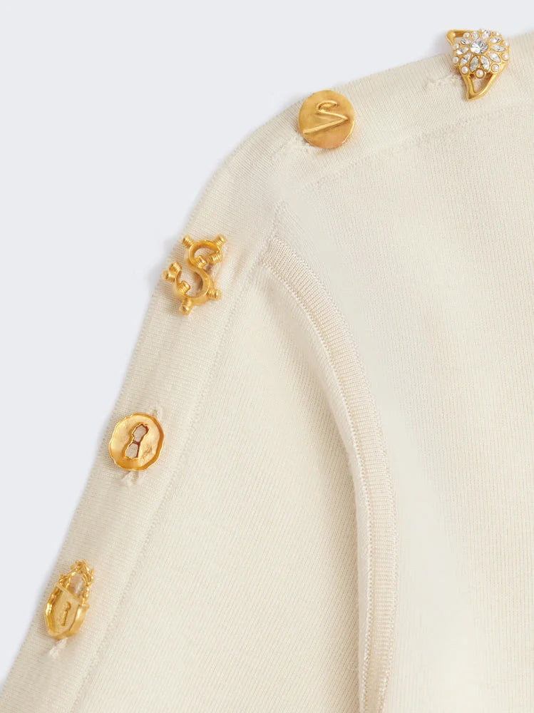 Knit T-Shirt with Decorative Buttons - Tops