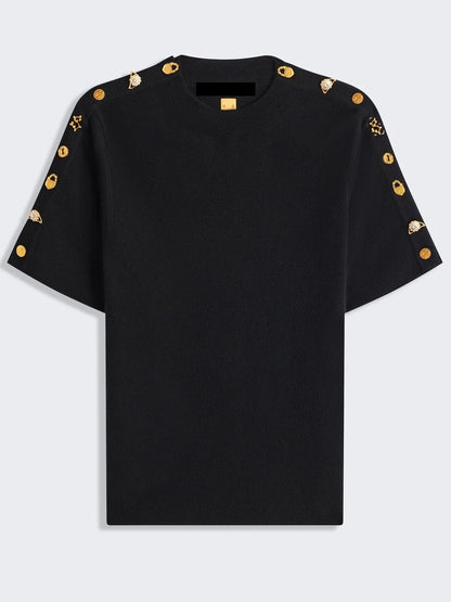 Knit T-Shirt with Decorative Buttons - Tops
