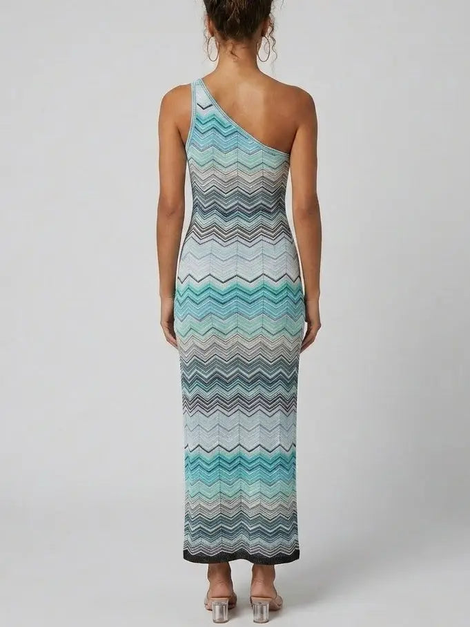 Knit Turquoise Multicolor Zig Zag Stripe Maxi Dress - Dresses