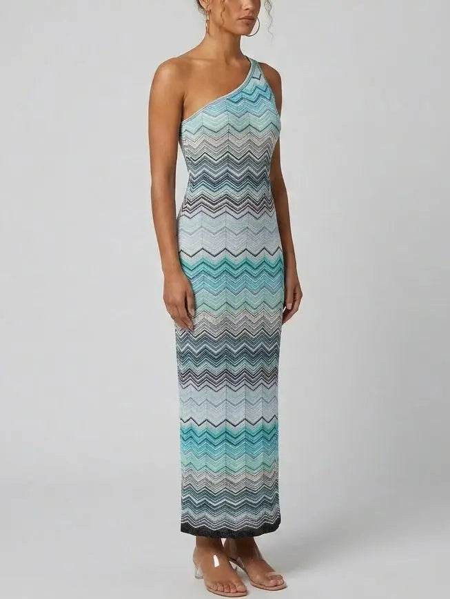Knit Turquoise Multicolor Zig Zag Stripe Maxi Dress - Dresses