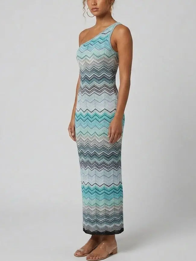 Knit Turquoise Multicolor Zig Zag Stripe Maxi Dress - Dresses