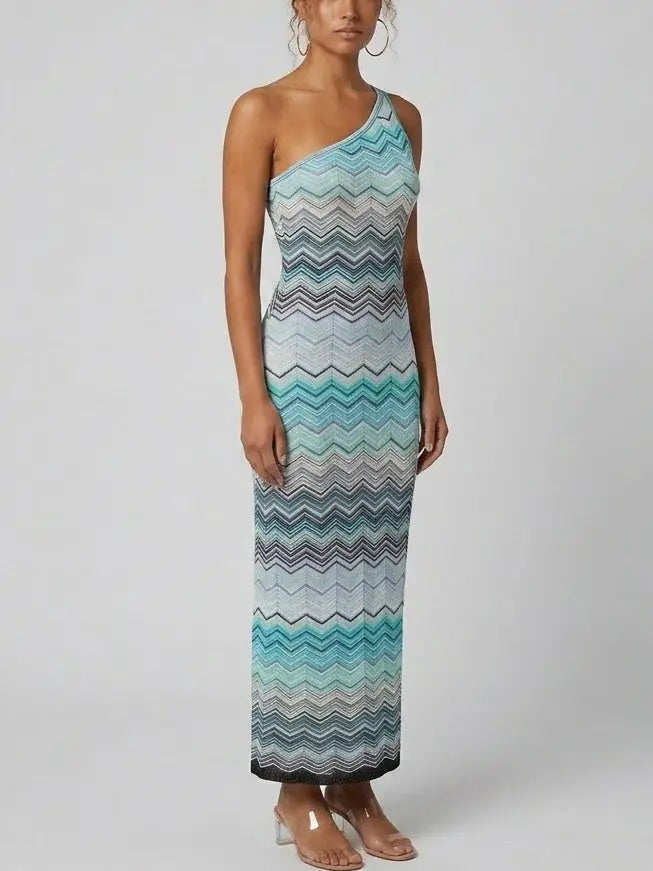 Knit Turquoise Multicolor Zig Zag Stripe Maxi Dress - Dresses