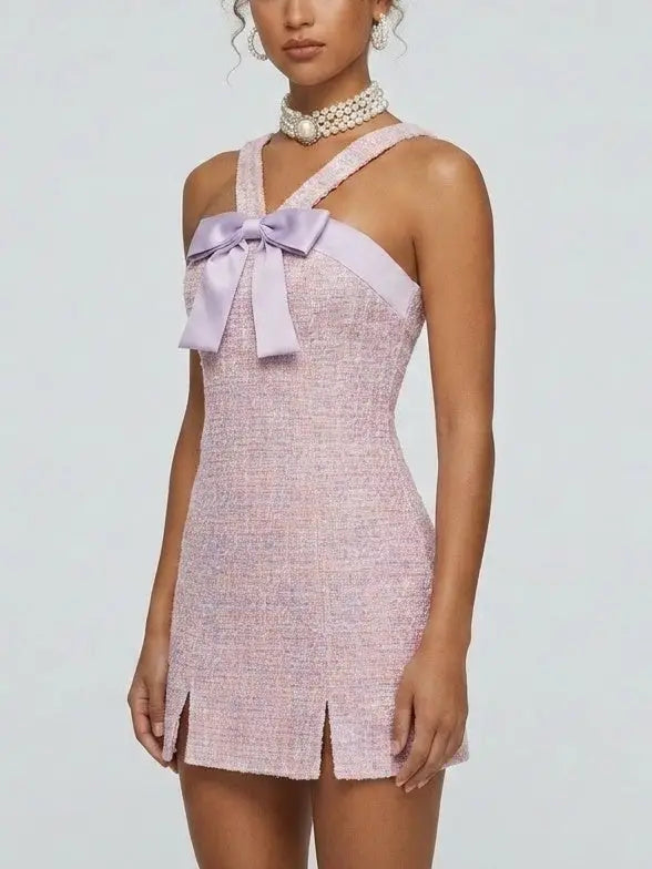 Knit Tweed Halterneck Mini Dress - Dresses