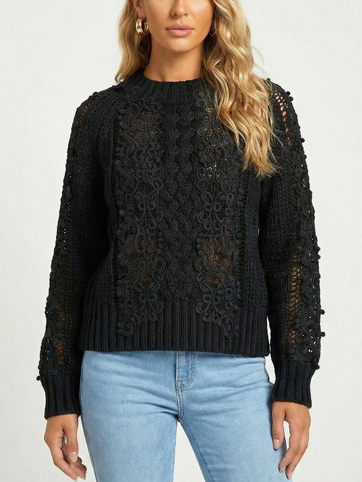 Lace-Knit Long-Sleeve Sweater