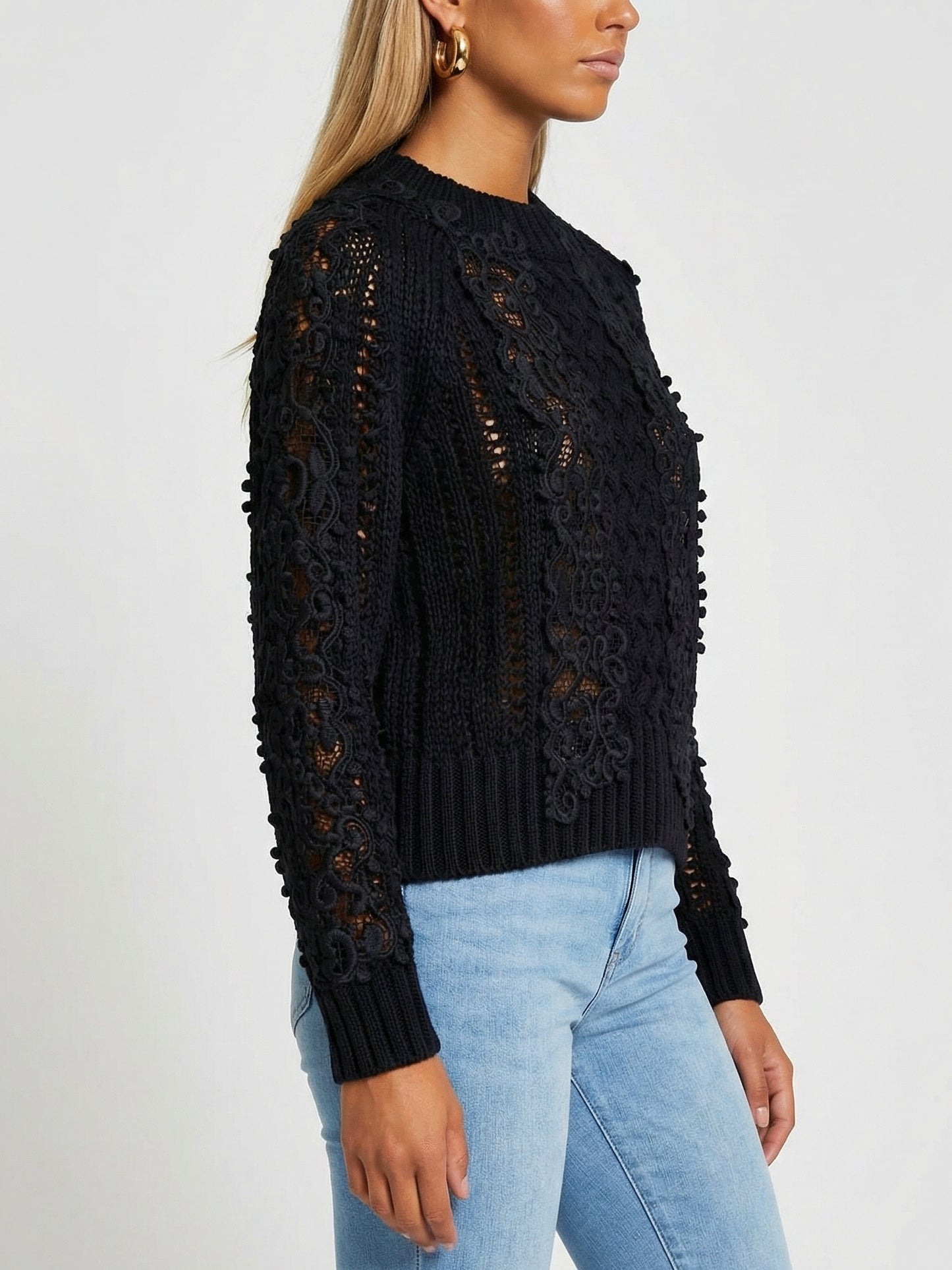 Lace-Knit Long-Sleeve Sweater