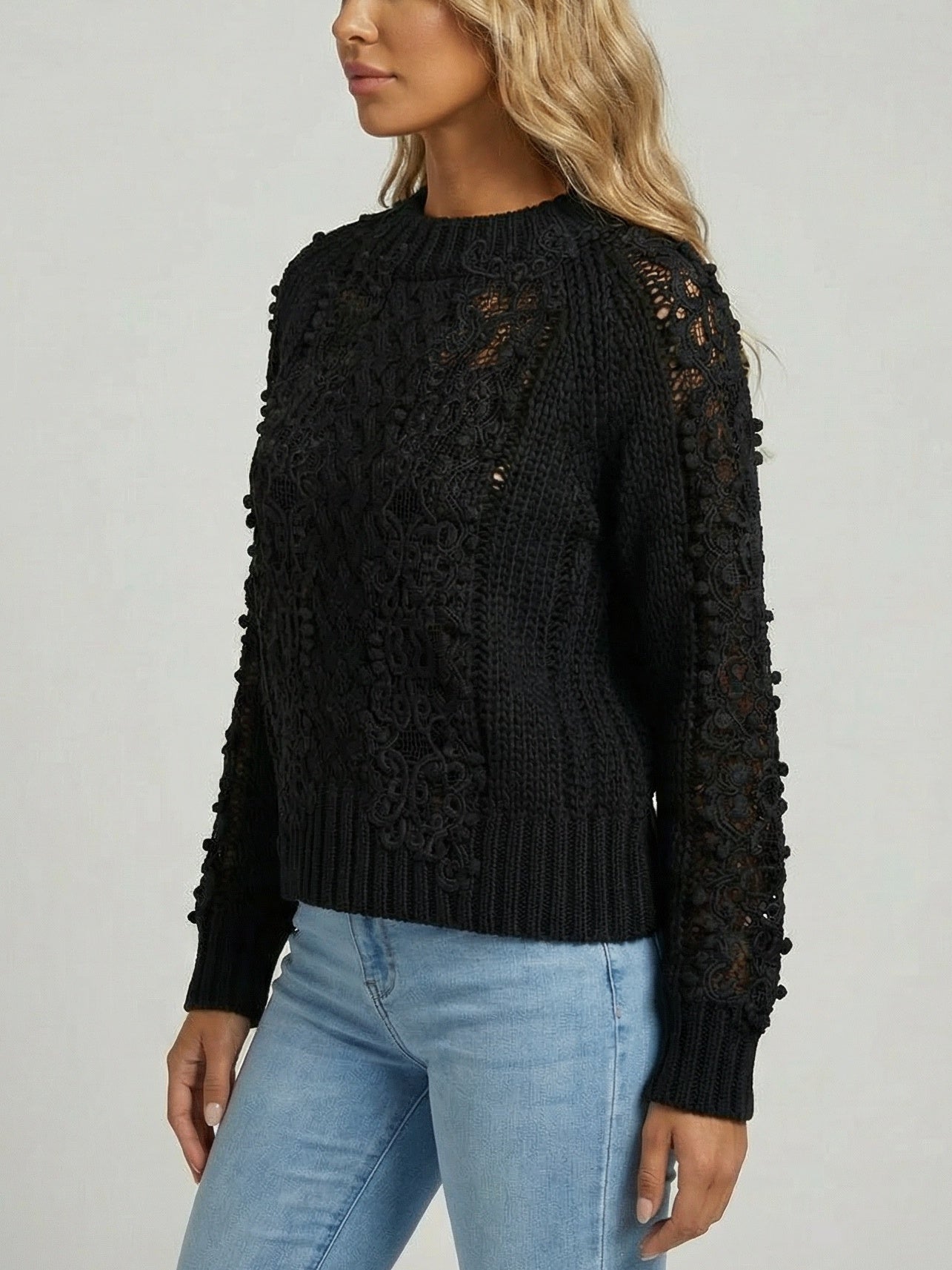 Lace-Knit Long-Sleeve Sweater
