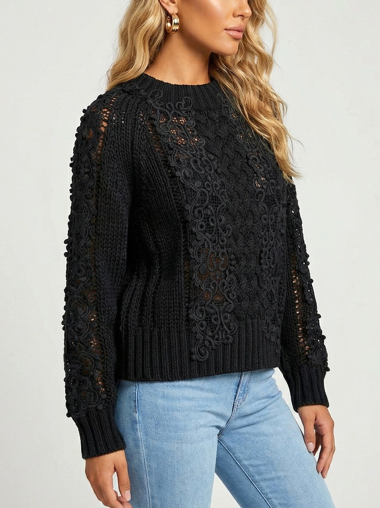 Lace-Knit Long-Sleeve Sweater