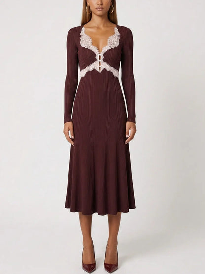 Lace-Trim V-Neck Long-Sleeve Knit Dress - Dresses
