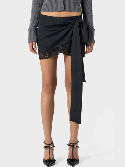 Lace-Trim Wrap Mini Skirt in Black - Small - Skirts
