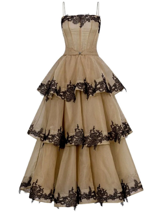 Lace Trim Tiered Sleeveless Organza Gown Dresses