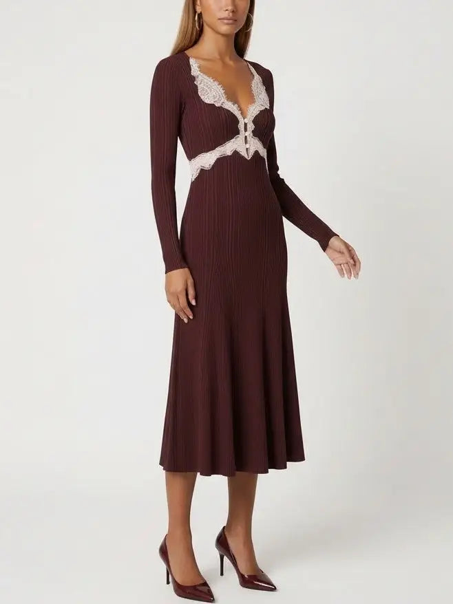 Lace-Trim V-Neck Long-Sleeve Knit Dress - Dresses
