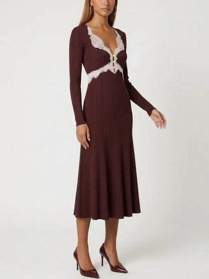 Lace-Trim V-Neck Long-Sleeve Knit Dress - Dresses