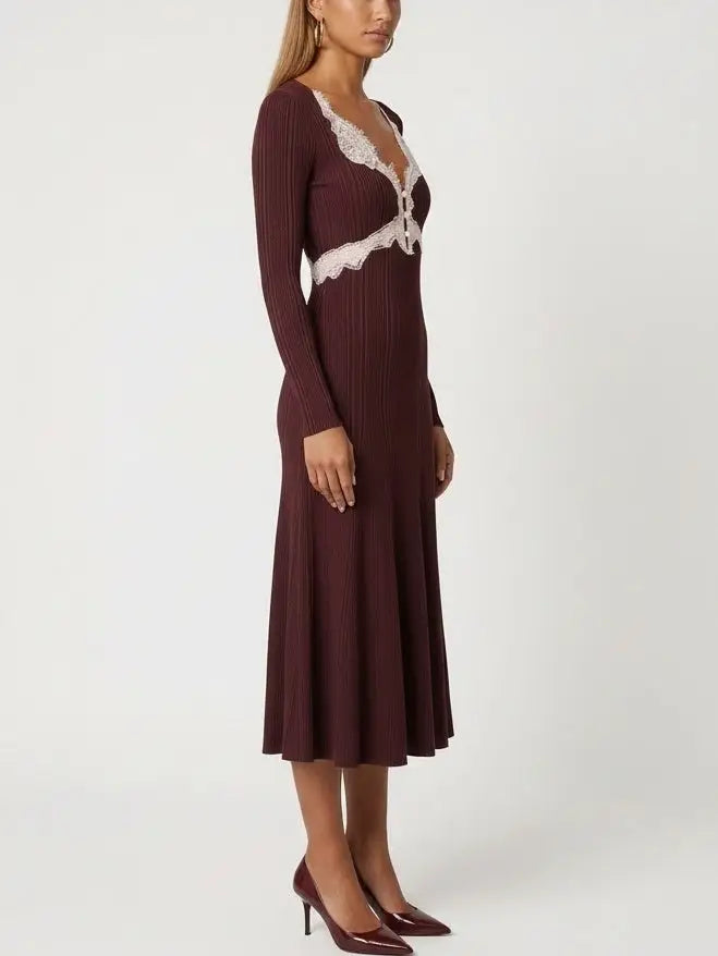 Lace-Trim V-Neck Long-Sleeve Knit Dress - Dresses