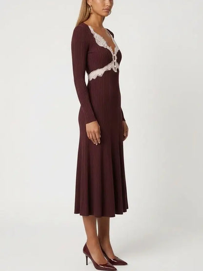 Lace-Trim V-Neck Long-Sleeve Knit Dress - Dresses