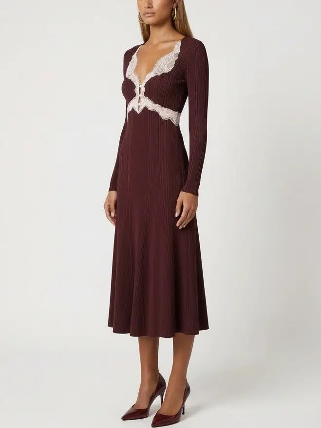 Lace-Trim V-Neck Long-Sleeve Knit Dress - Dresses