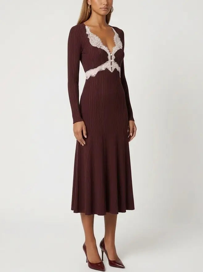Lace-Trim V-Neck Long-Sleeve Knit Dress - Dresses