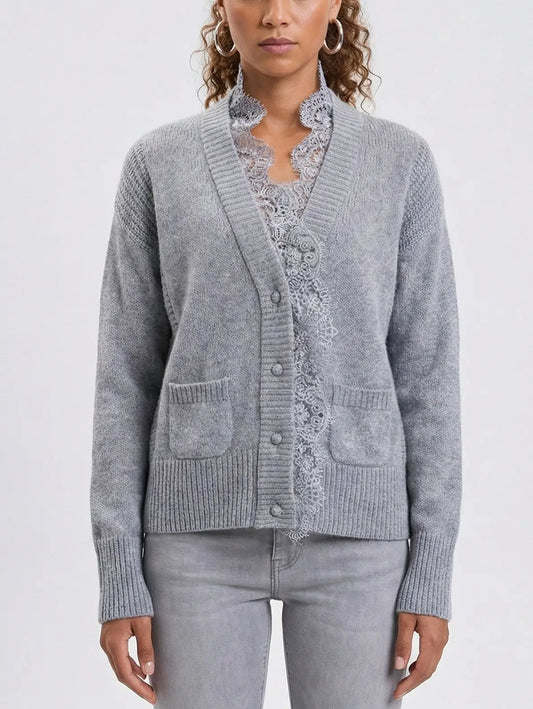 Lace-Trim Wool and Cashmere Blend Cardigan - Small / Gray - Sweaters & Knitwear