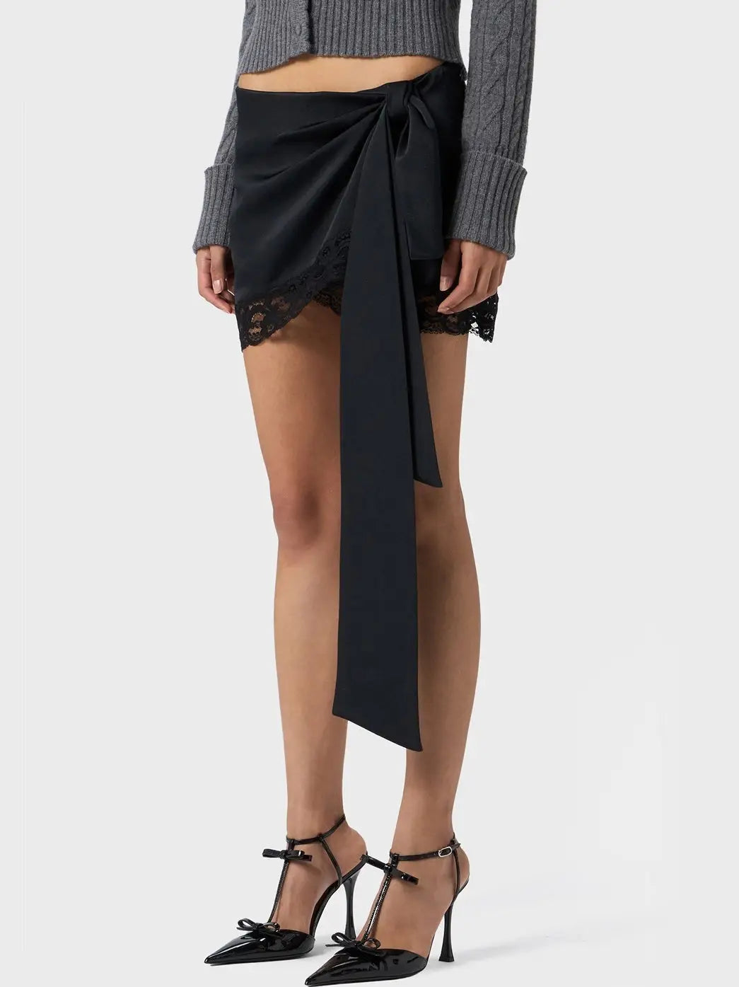 Lace-Trim Wrap Mini Skirt in Black - Skirts