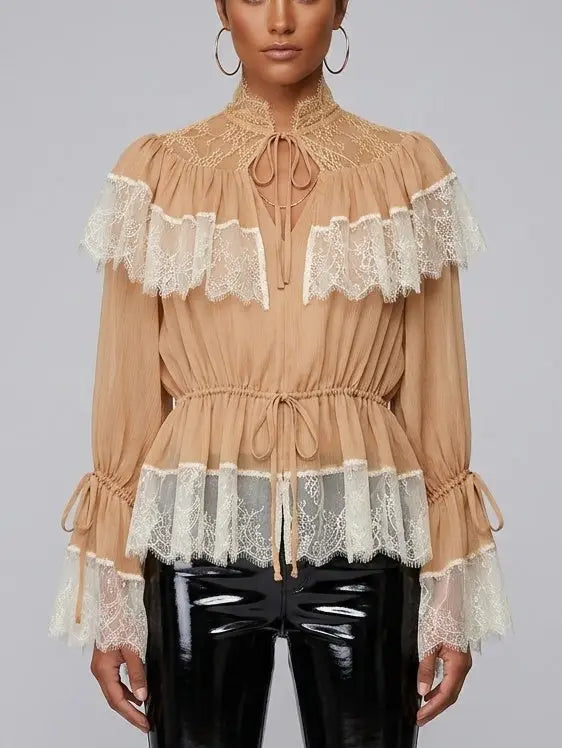 Lace-Trimmed Crepe Blouse with Tie Detail - Small - Tops