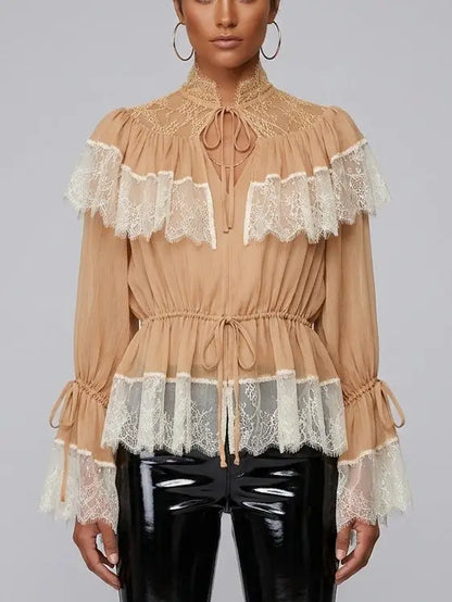 Lace-Trimmed Crepe Blouse with Tie Detail - Small - Tops